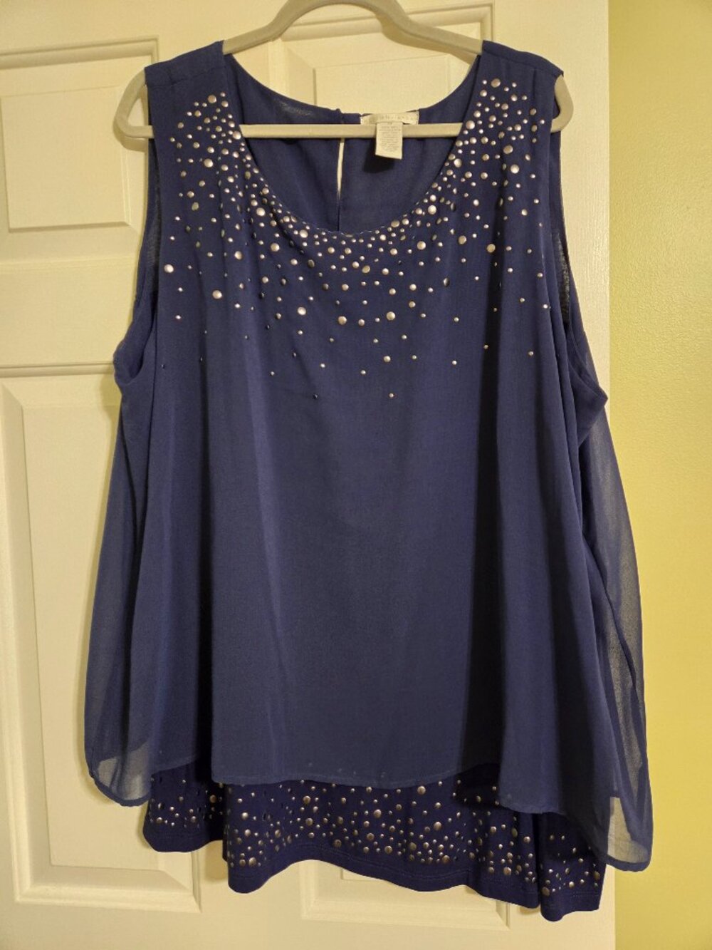 Design History slate blue with metallic studs fly away chiffon overlay tunic 3X